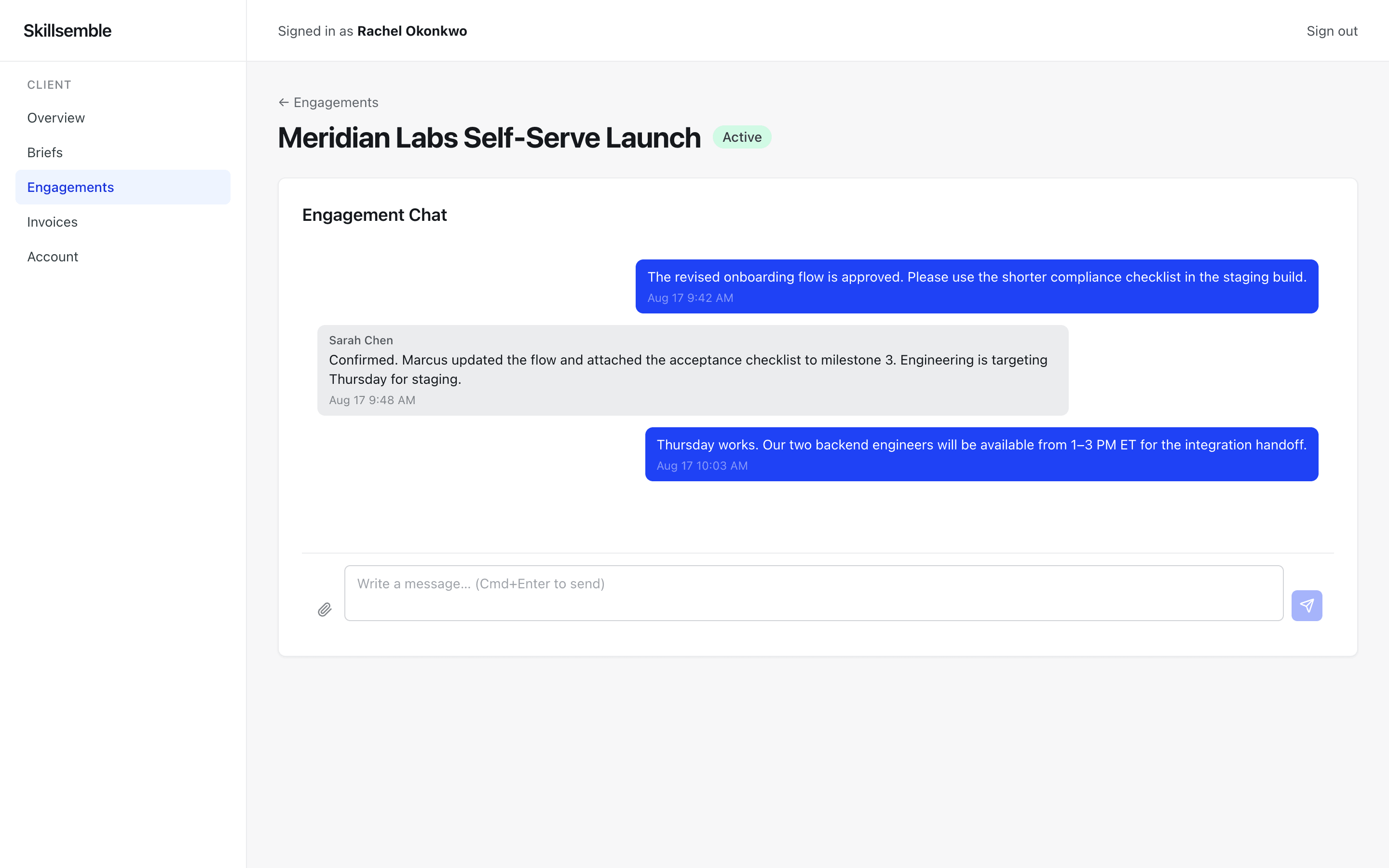 Skillsemble engagement workspace showing a realistic conversation between a client and pod member.