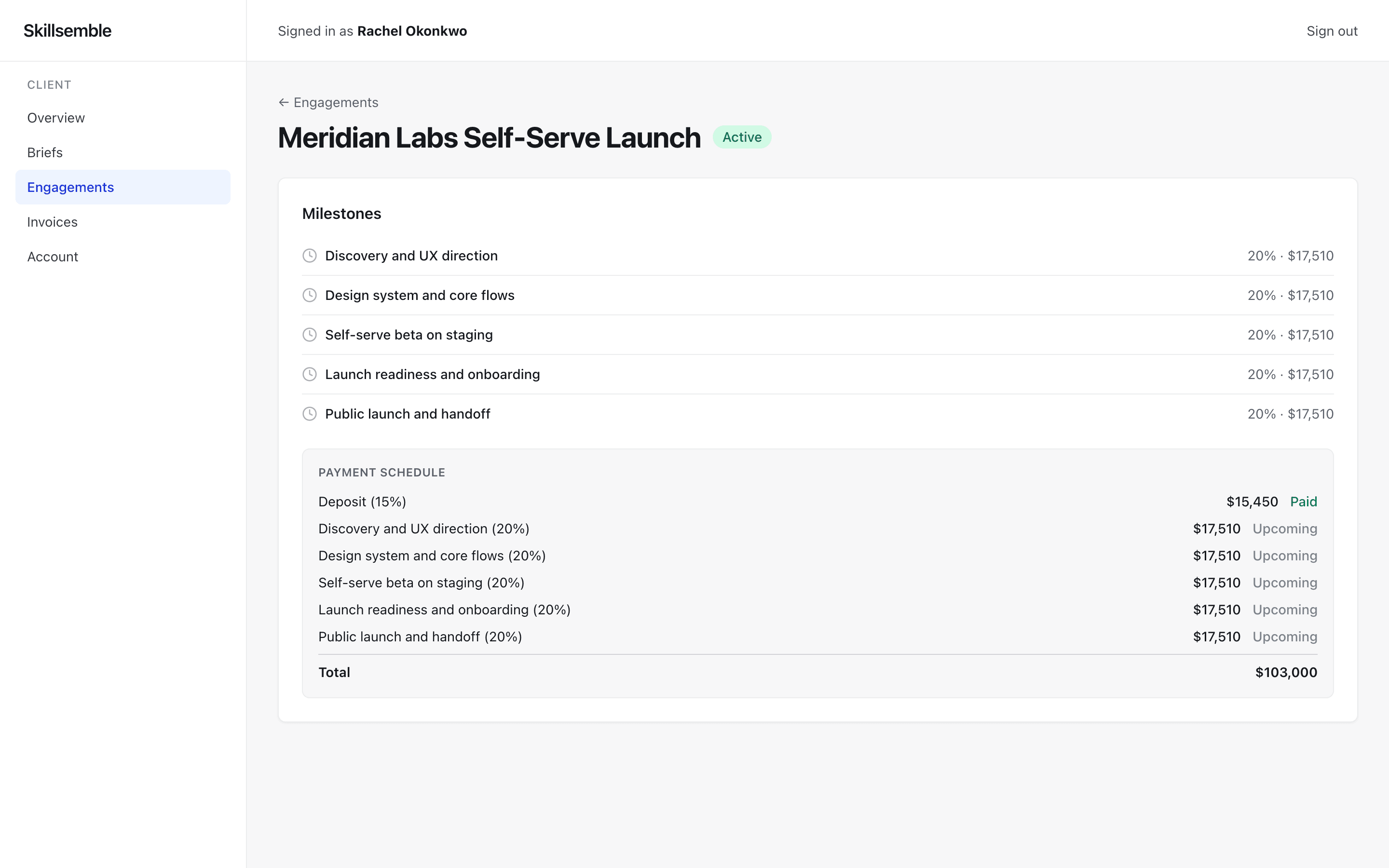 Skillsemble payment schedule showing a paid deposit and upcoming milestone amounts.