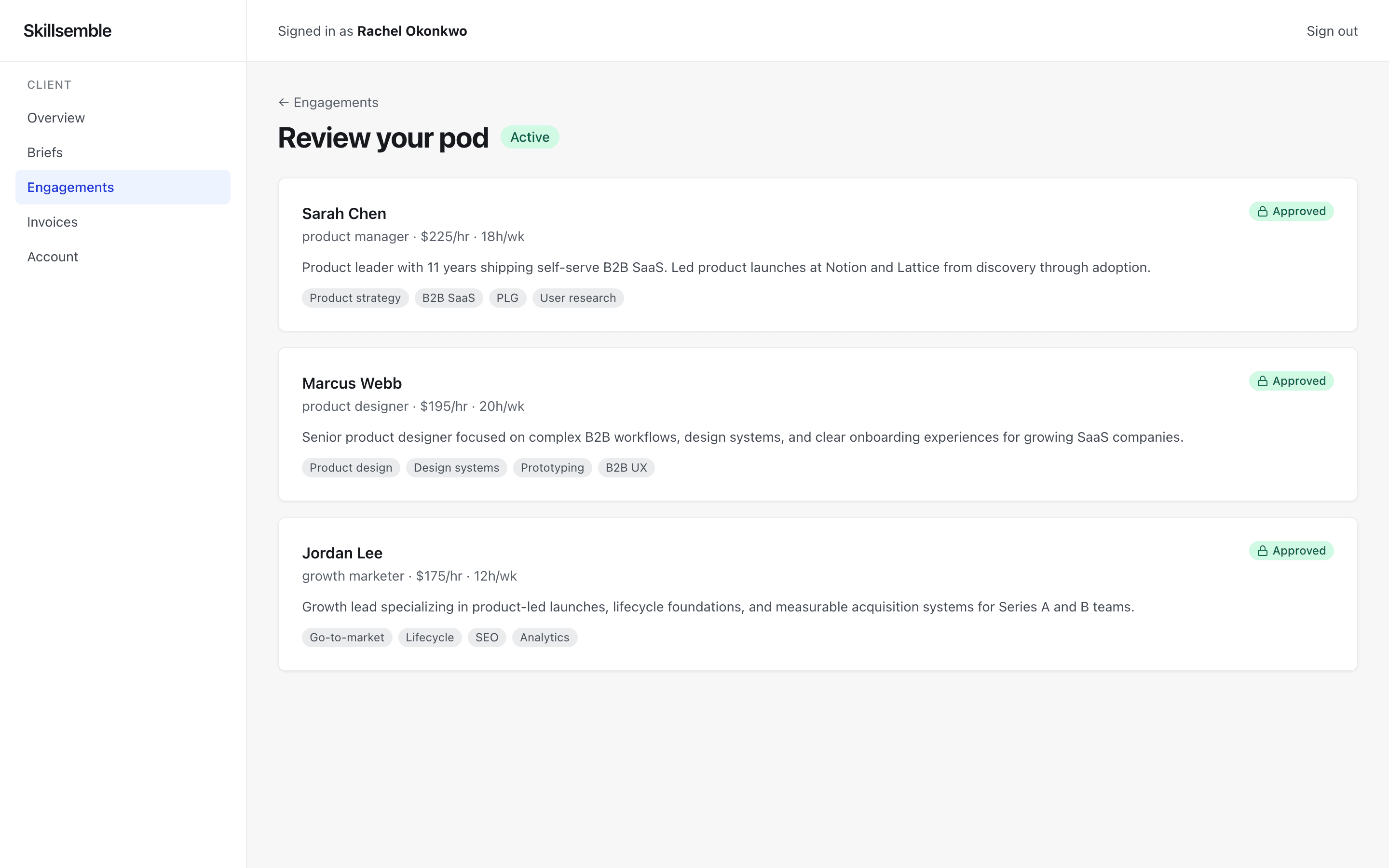 Skillsemble pod review showing named professionals, roles, rates, biographies, skills, and approval controls.